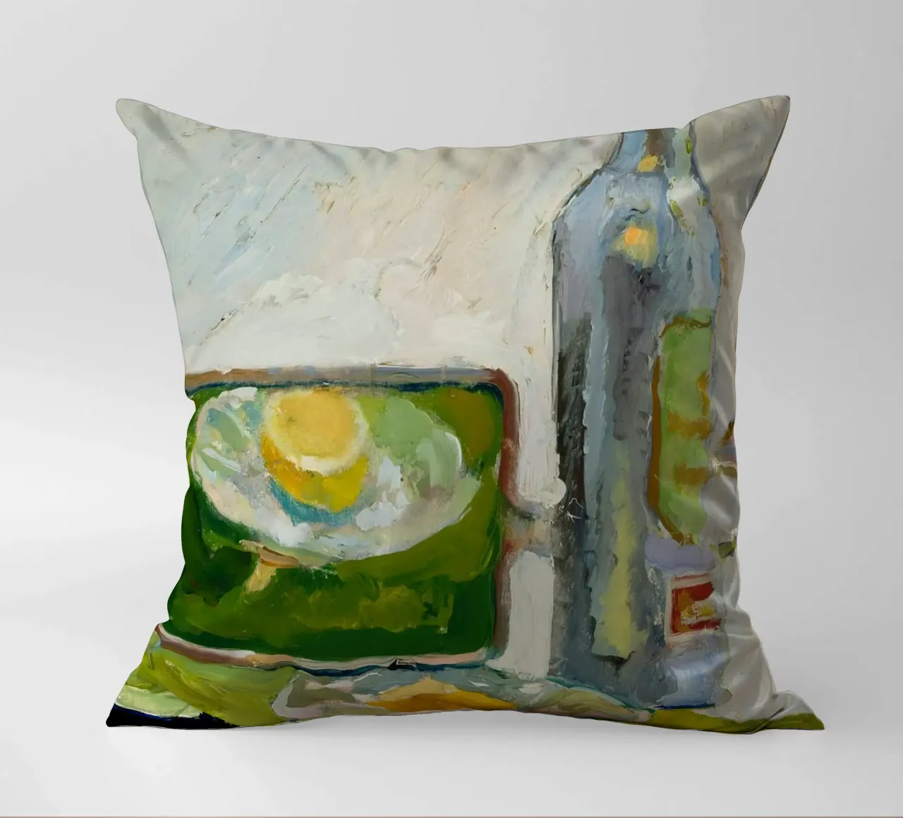 Modernes Stillleben Zitrone & Flasche - Texturierter Kunstdruck Kissen von ClubArt