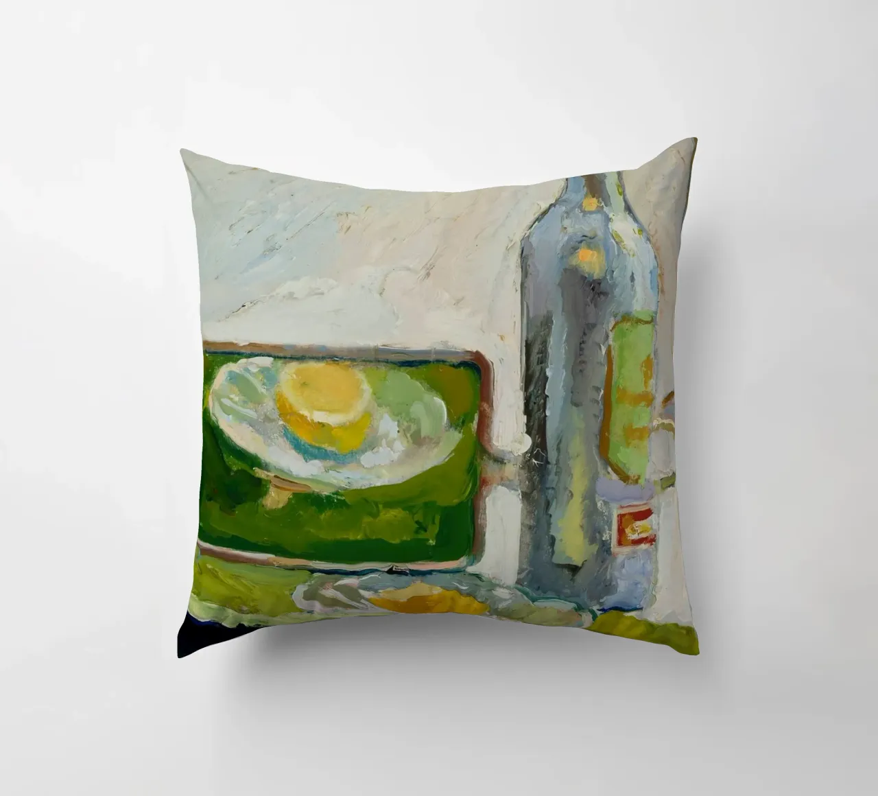 Modernes Stillleben Zitrone & Flasche - Texturierter Kunstdruck Kissen von ClubArt