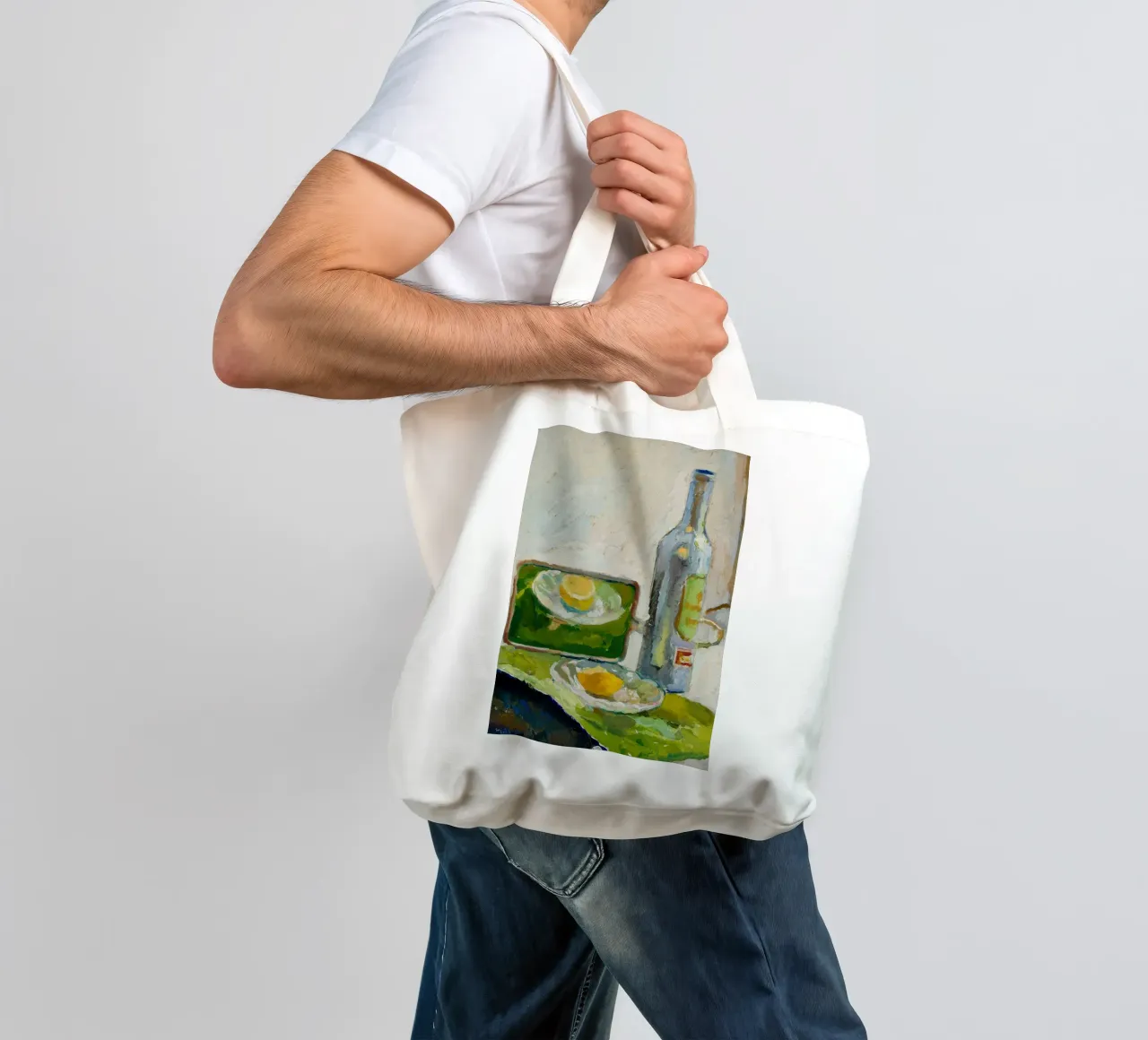 Modernes Stillleben Zitrone & Flasche - Texturierter Kunstdruck Jutebeutel von ClubArt