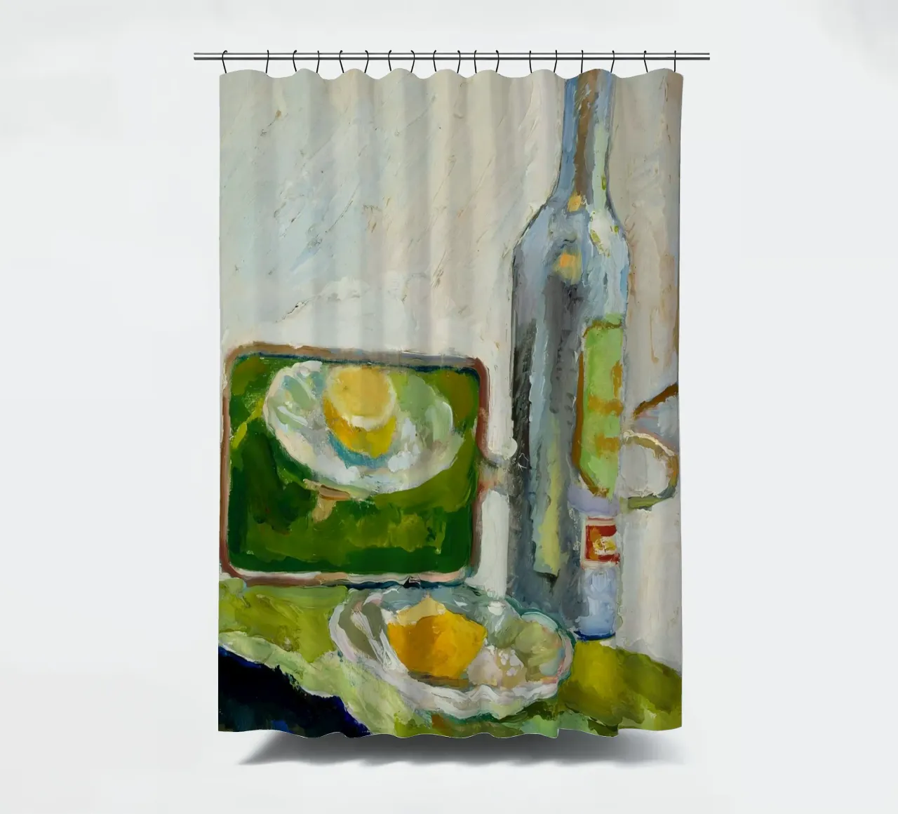 Modernes Stillleben Zitrone & Flasche - Texturierter Kunstdruck Duschvorhang von ClubArt