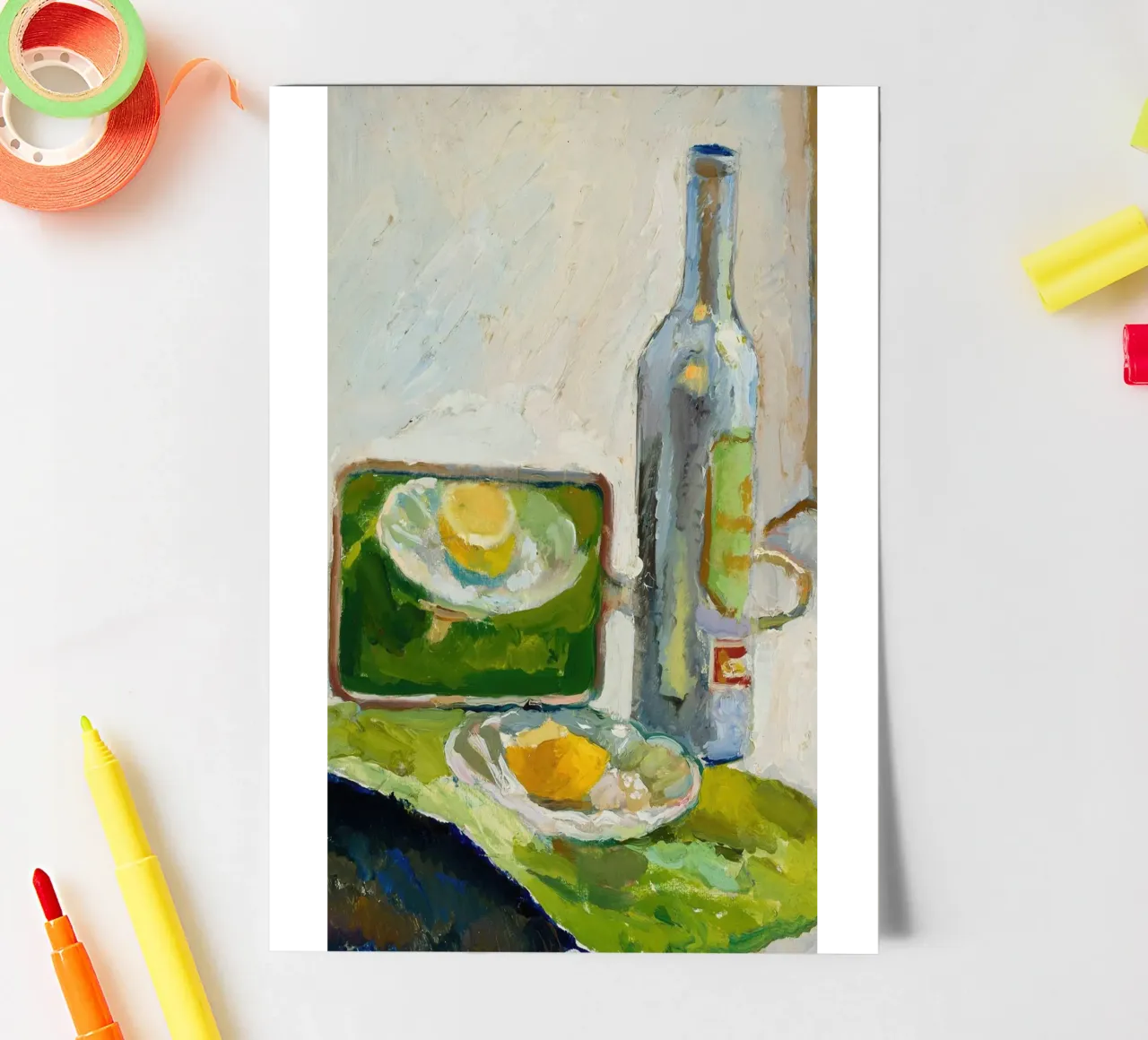 Modernes Stillleben Zitrone & Flasche - Texturierter Kunstdruck Stickerbogen von ClubArt