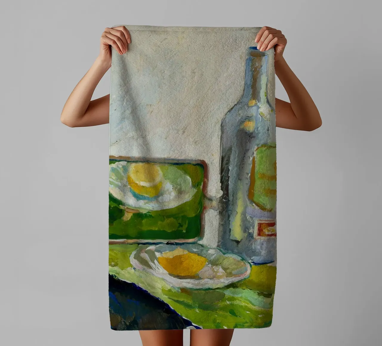 Modernes Stillleben Zitrone & Flasche - Texturierter Kunstdruck Handtuch von ClubArt