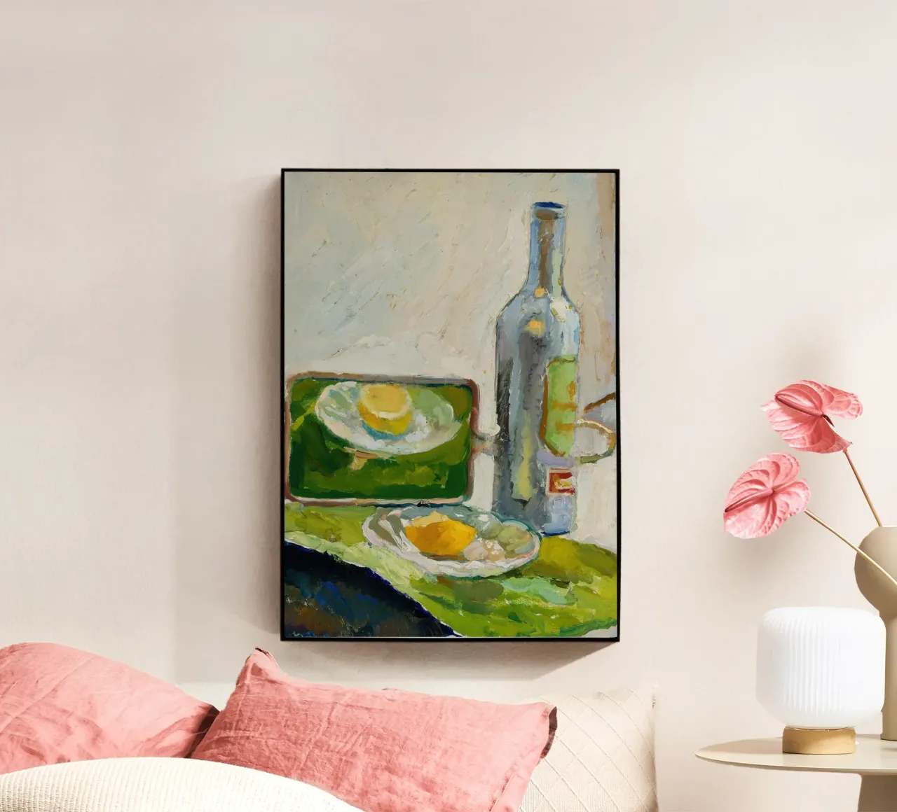 Modernes Stillleben Zitrone & Flasche - Texturierter Kunstdruck Acryl-Glas von ClubArt