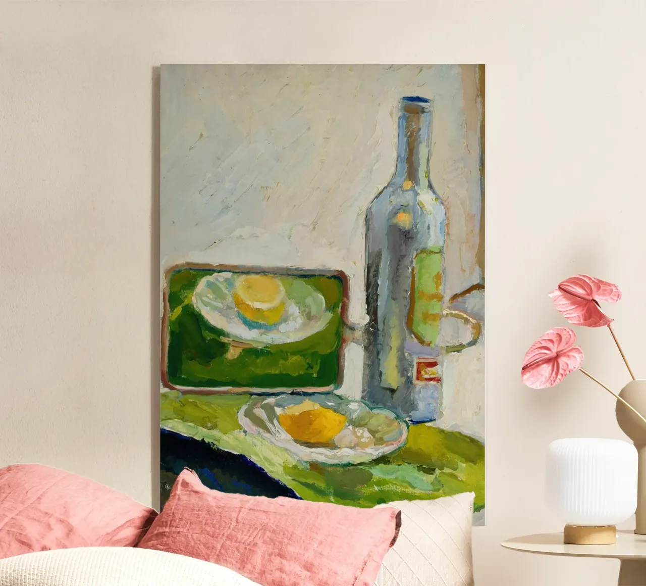 Modernes Stillleben Zitrone & Flasche - Texturierter Kunstdruck Acryl-Glas von ClubArt