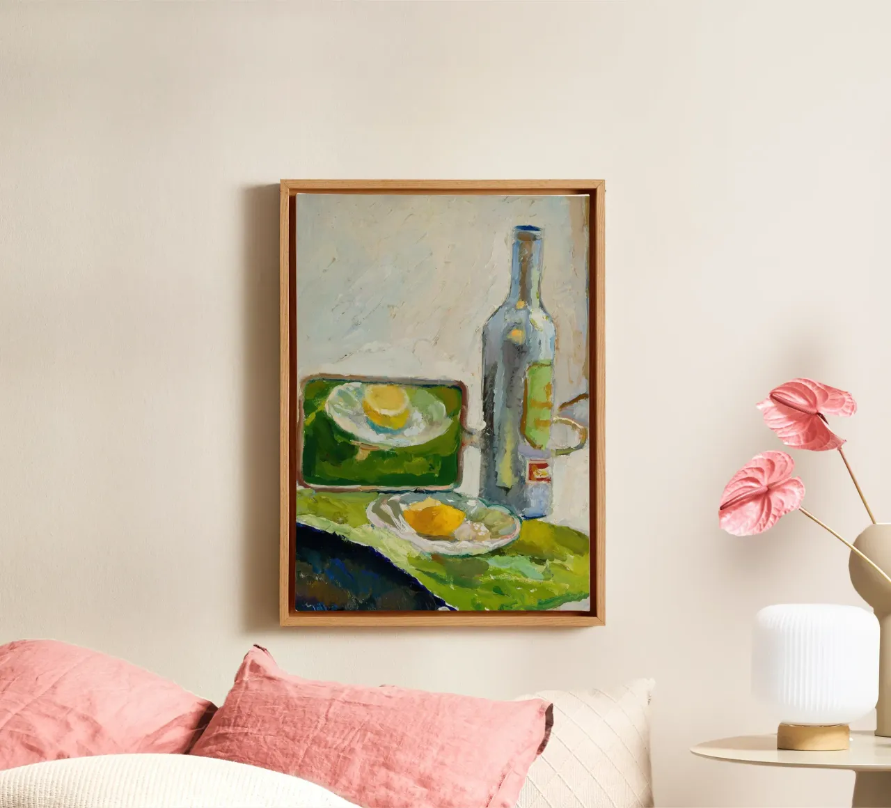 Modernes Stillleben Zitrone & Flasche - Texturierter Kunstdruck Leinwand von ClubArt