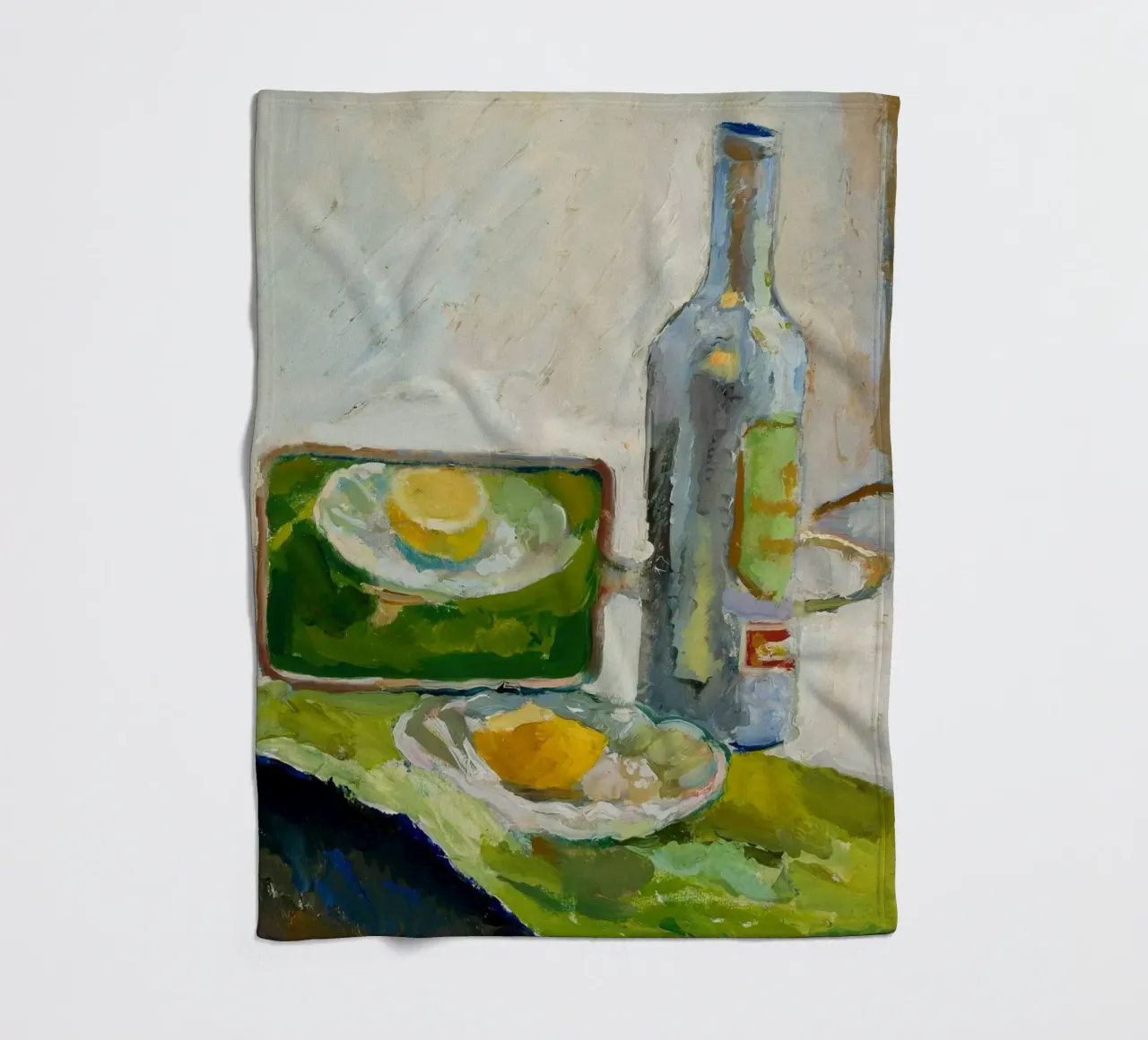 Modernes Stillleben Zitrone & Flasche - Texturierter Kunstdruck Fleecedecke von ClubArt