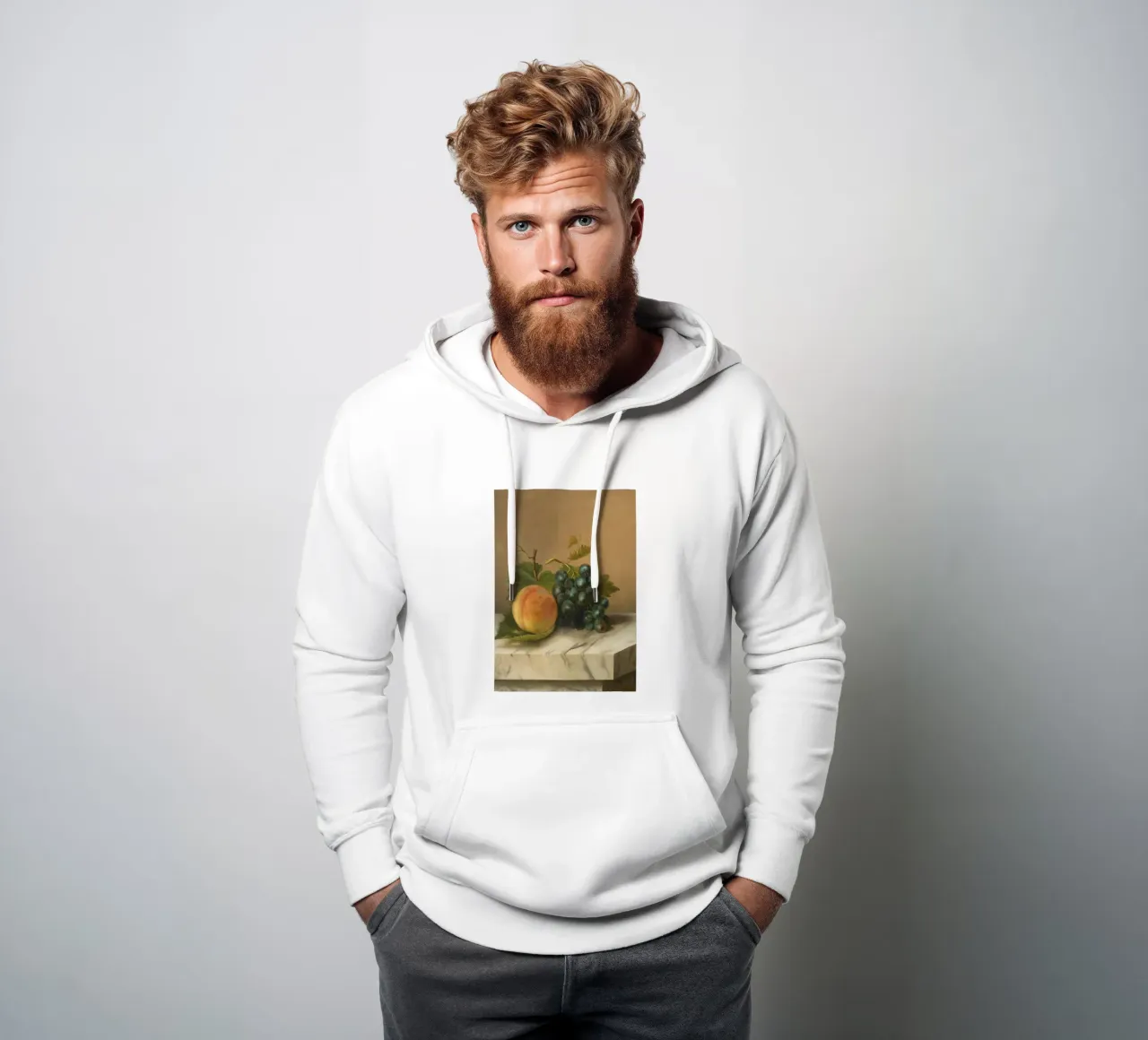 Stampa classica di natura morta - Pesca e uva su marmo felpa con cappuccio da ClubArt