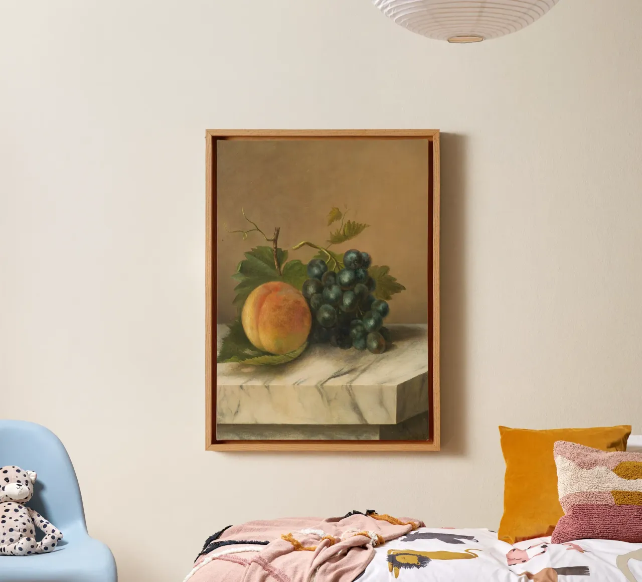 Classic Still Life Print - Peach & Grapes on Marble canvas by ClubArt
