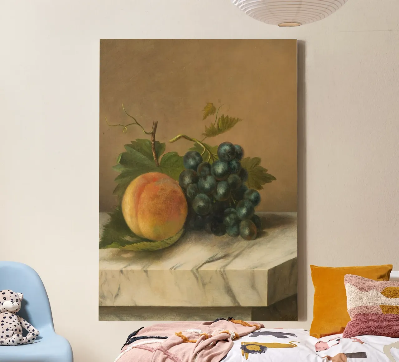 Classic Still Life Print - Peach & Grapes on Marble canvas by ClubArt