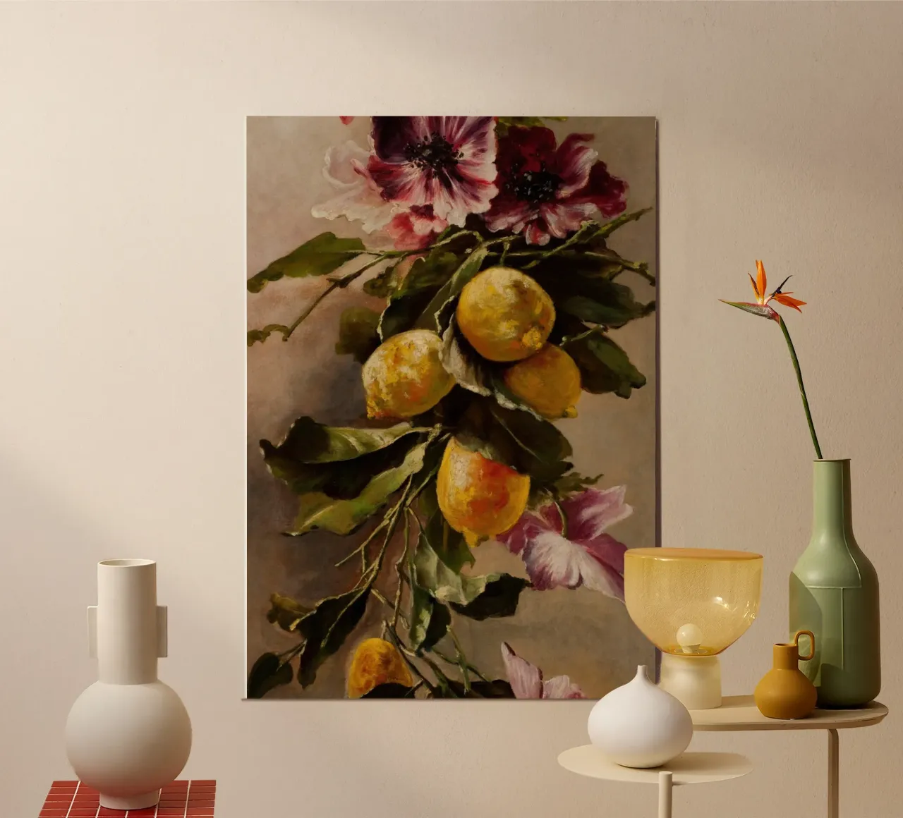 Stampa vintage di natura morta floreale con limone e anemone poster con telaio in plastica da ClubArt