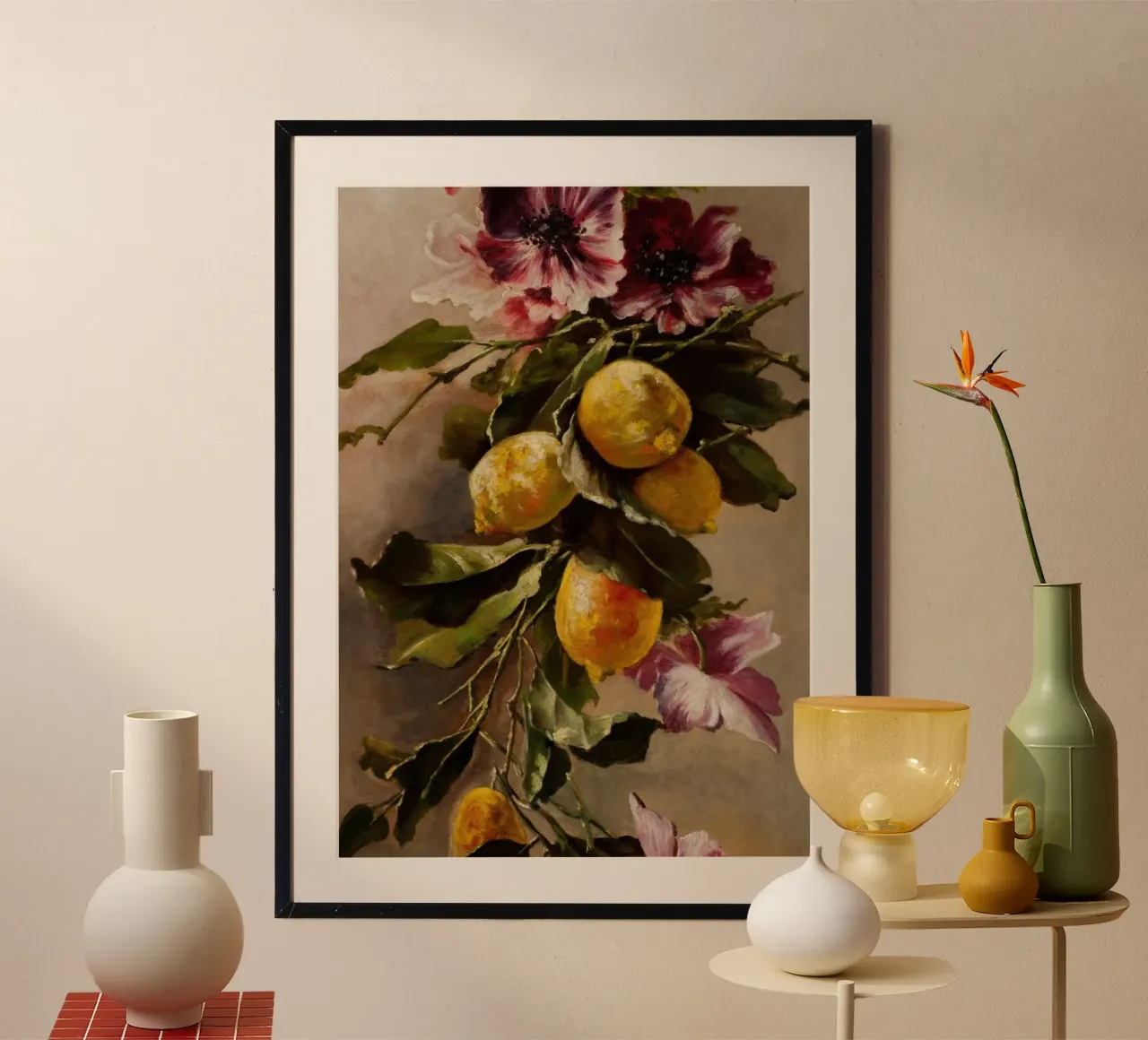 Stampa vintage di natura morta floreale con limone e anemone poster con telaio in plastica da ClubArt