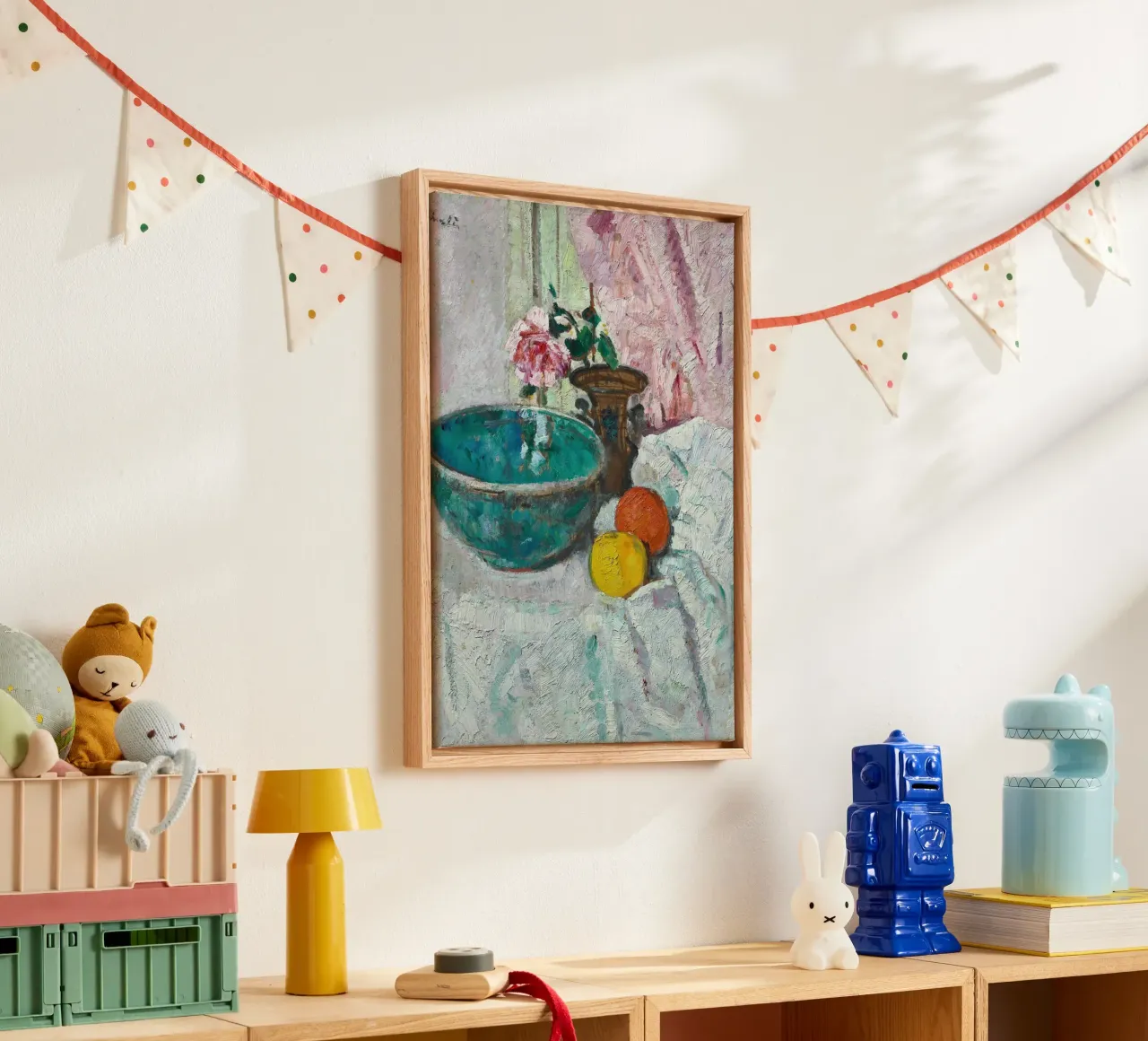 Impasto Stilleven Turquoise Kom & Roos Kunstdruk canvas met Baklijst van ClubArt