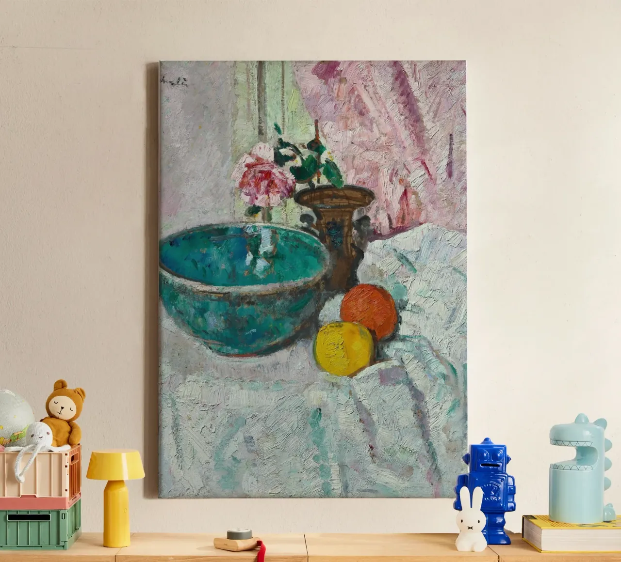 Impasto Stilleven Turquoise Kom & Roos Kunstdruk canvas met Baklijst van ClubArt