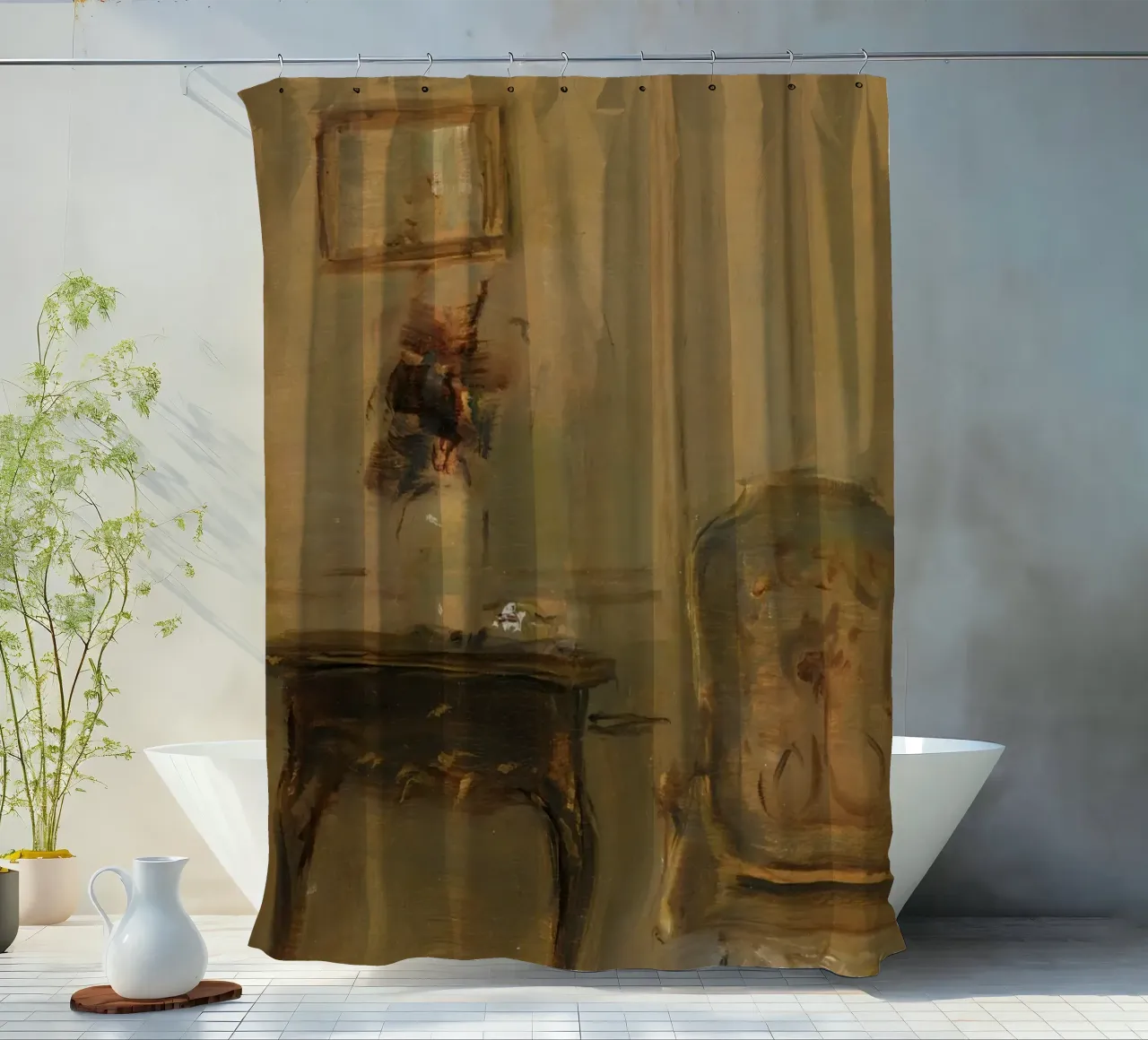 Intérieur impressionniste avec fleurs et chaise ancienne rideau de douche de ClubArt