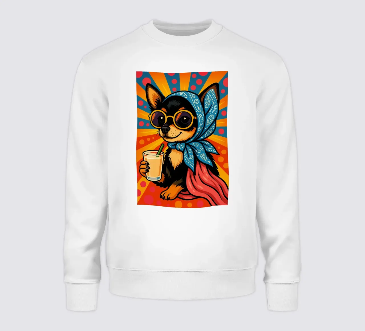 Chihuahua nero e abbronzato con occhiali, con in mano un cocktail felpa da Kalisson