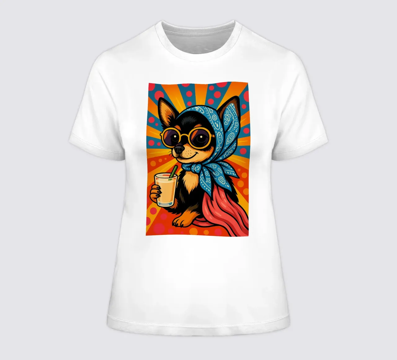 Chihuahua nero e abbronzato con occhiali, con in mano un cocktail t-shirt da donna da Kalisson