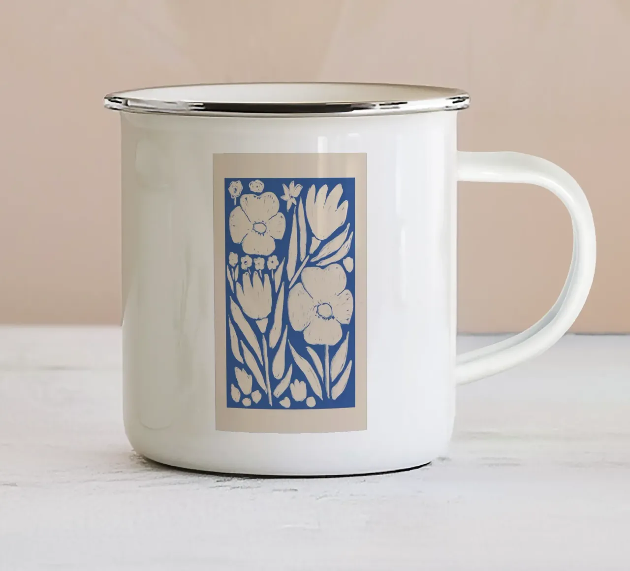 Blue and Beige Botanical Floral Art enamel mug by Melloi Art Print