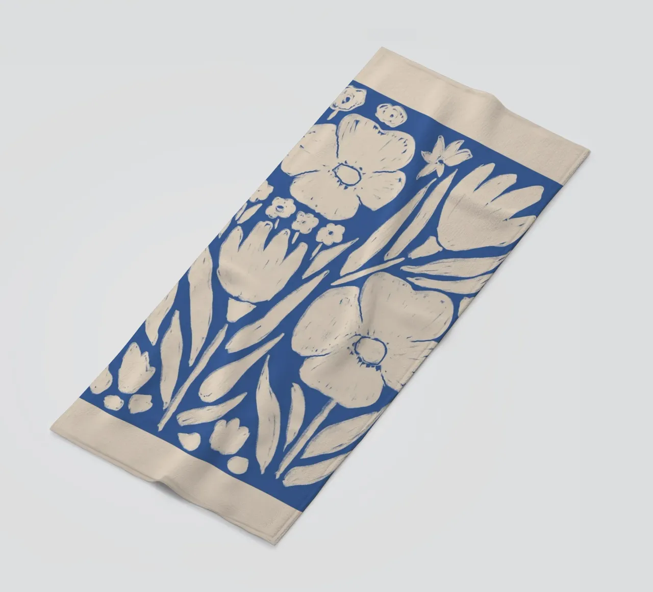 Blue and Beige Botanical Floral Art beach towel by Melloi Art Print