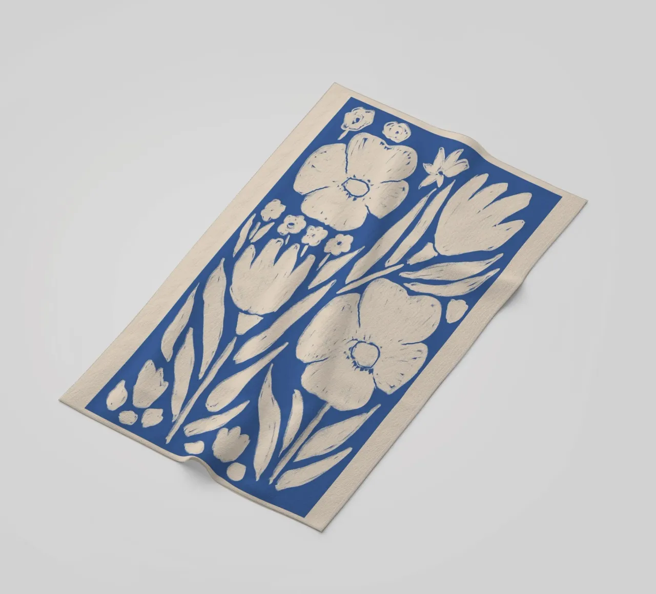 Blue and Beige Botanical Floral Art beach towel by Melloi Art Print