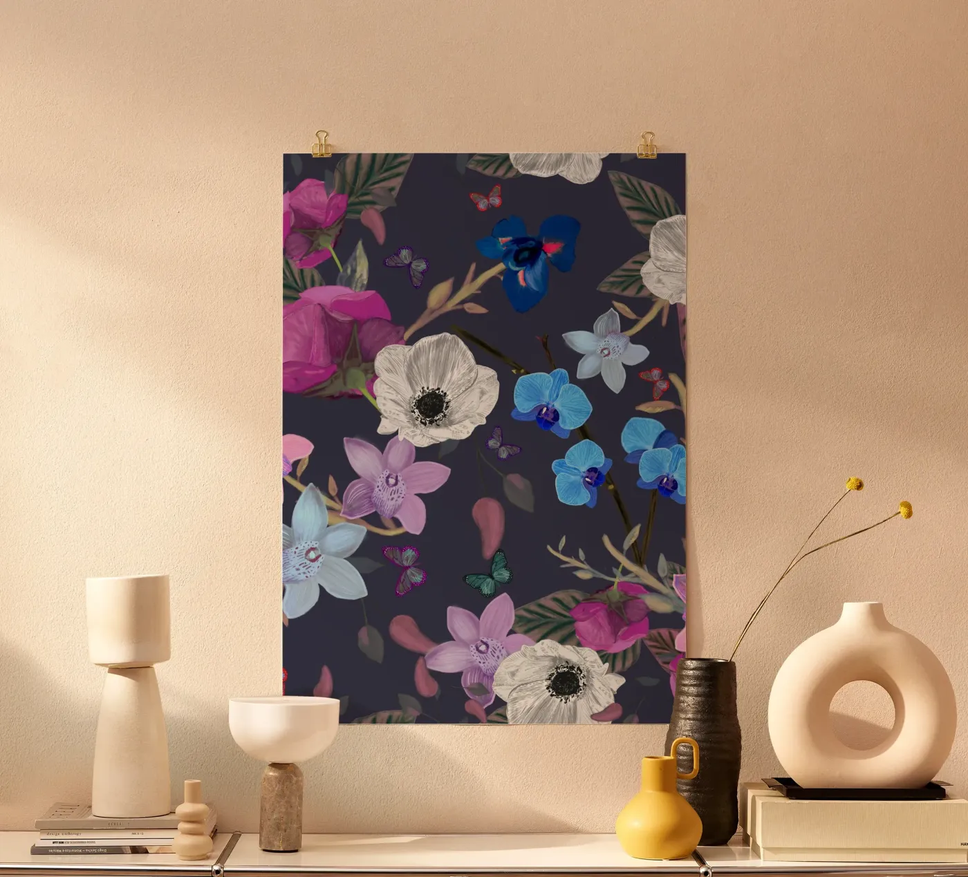 Orchid primulacea and iris Poster von gulsengunel