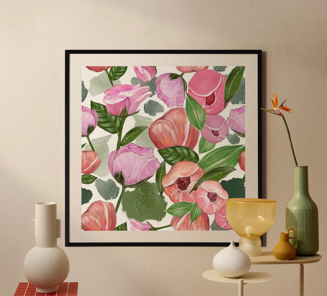 Modello di rose rosa oleoso poster con telaio in legno da gulsengunel
