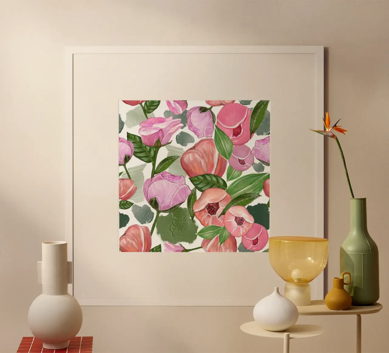 Modello di rose rosa oleoso poster con telaio in legno da gulsengunel
