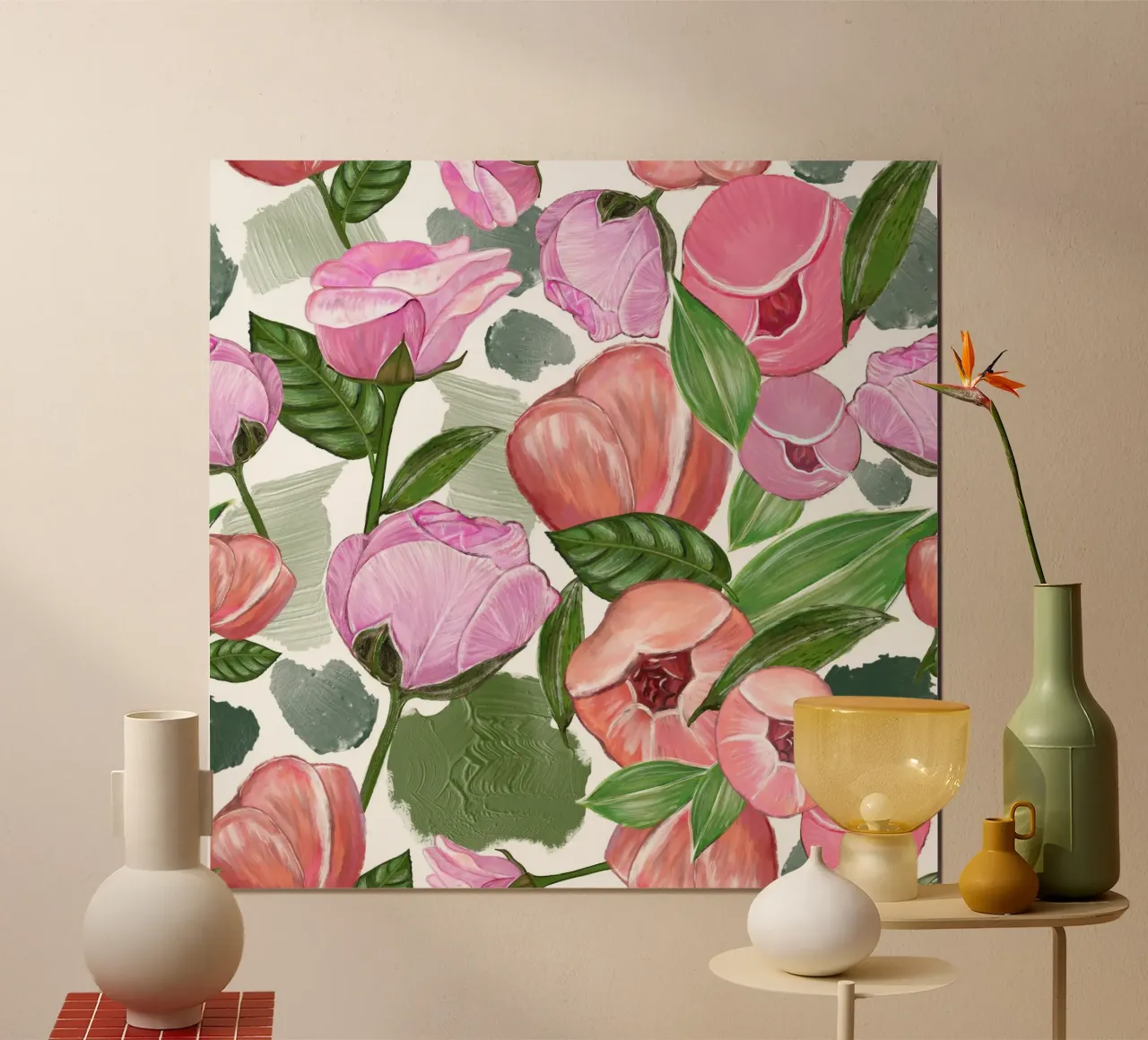 Modello di rose rosa oleoso poster con telaio in legno da gulsengunel