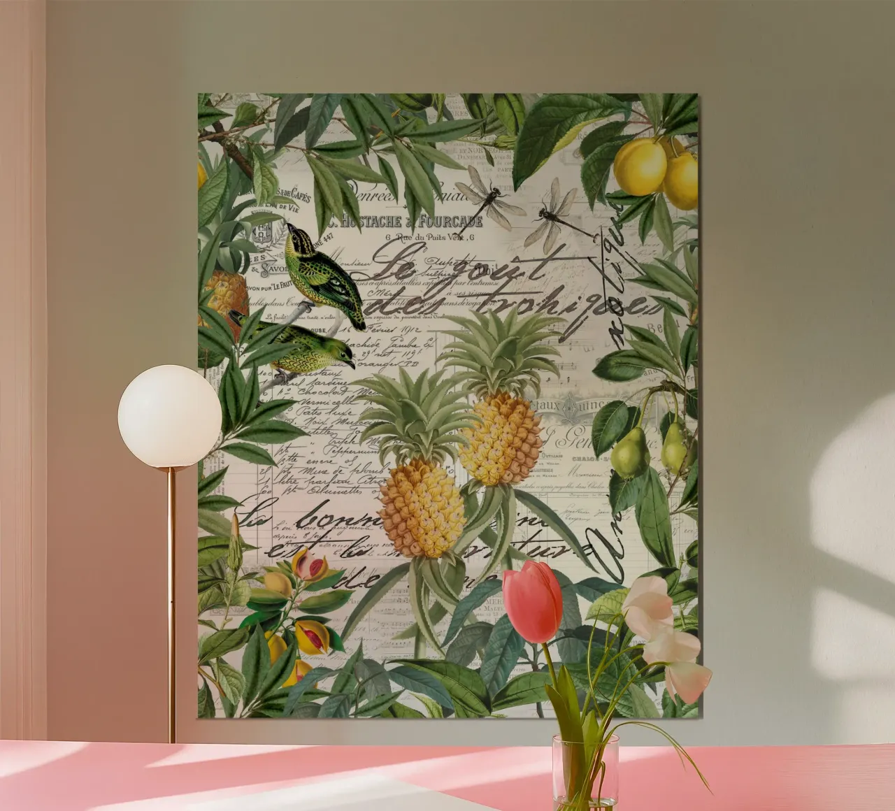 Illustrazione di frutta tropicale in stile vintage poster con telaio in legno da Andrea Haase Vintage World