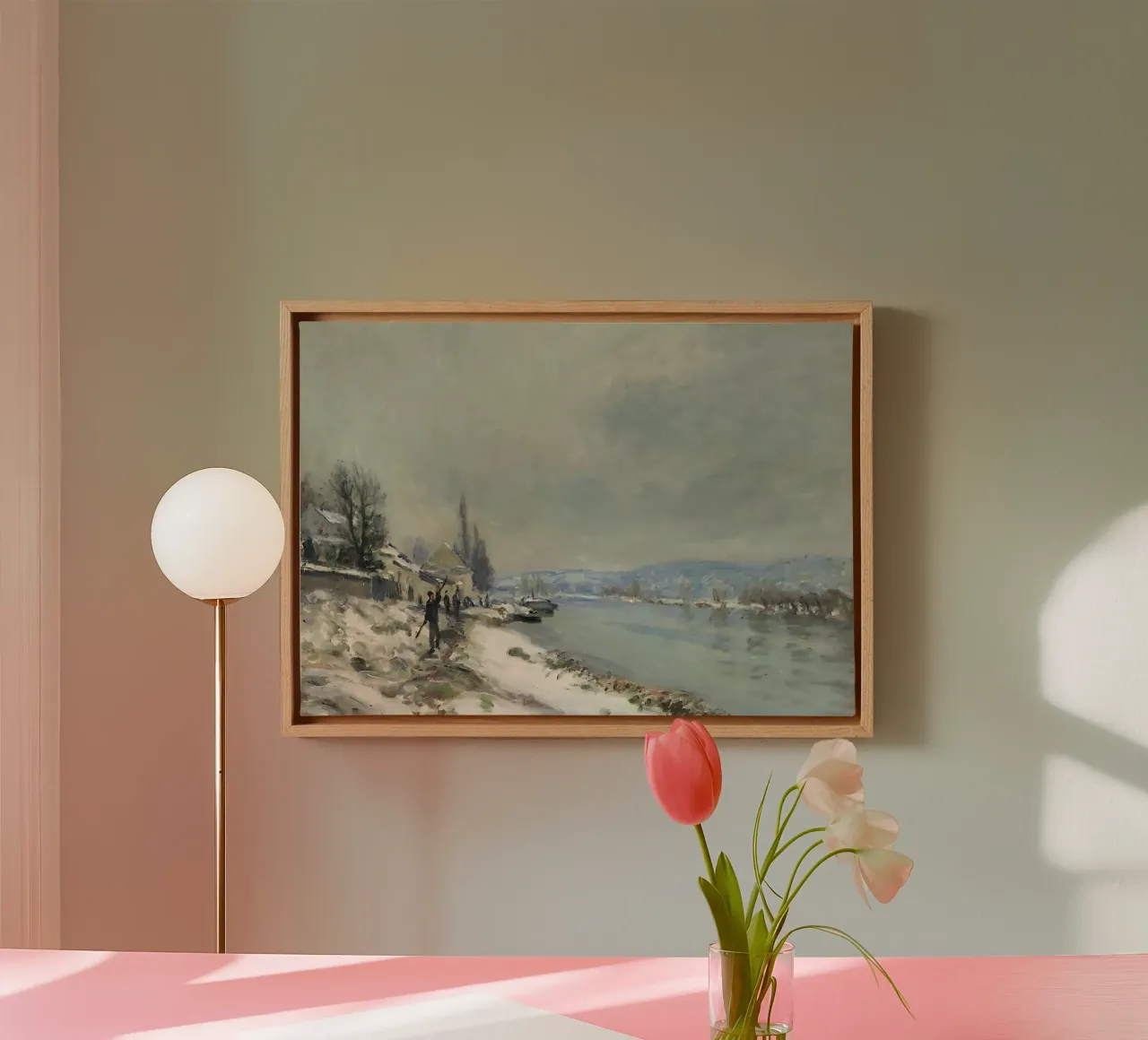 Monet Sneeuw bij Lavacourt Impressionistisch rivierlandschap canvas met Baklijst van ClubArt