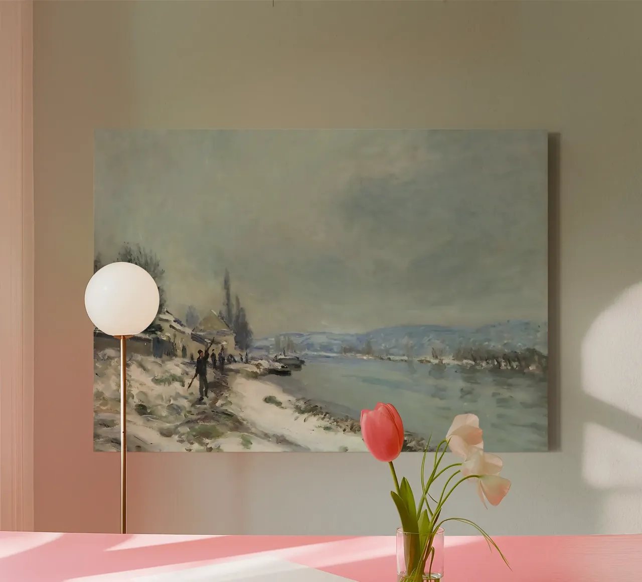 Monet Sneeuw bij Lavacourt Impressionistisch rivierlandschap canvas met Baklijst van ClubArt