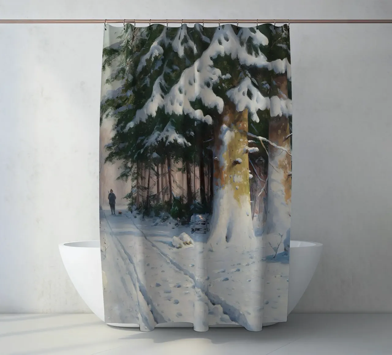 Il cacciatore di foreste invernali di Walter Mora - Arte dei pini innevati tenda da doccia da ClubArt