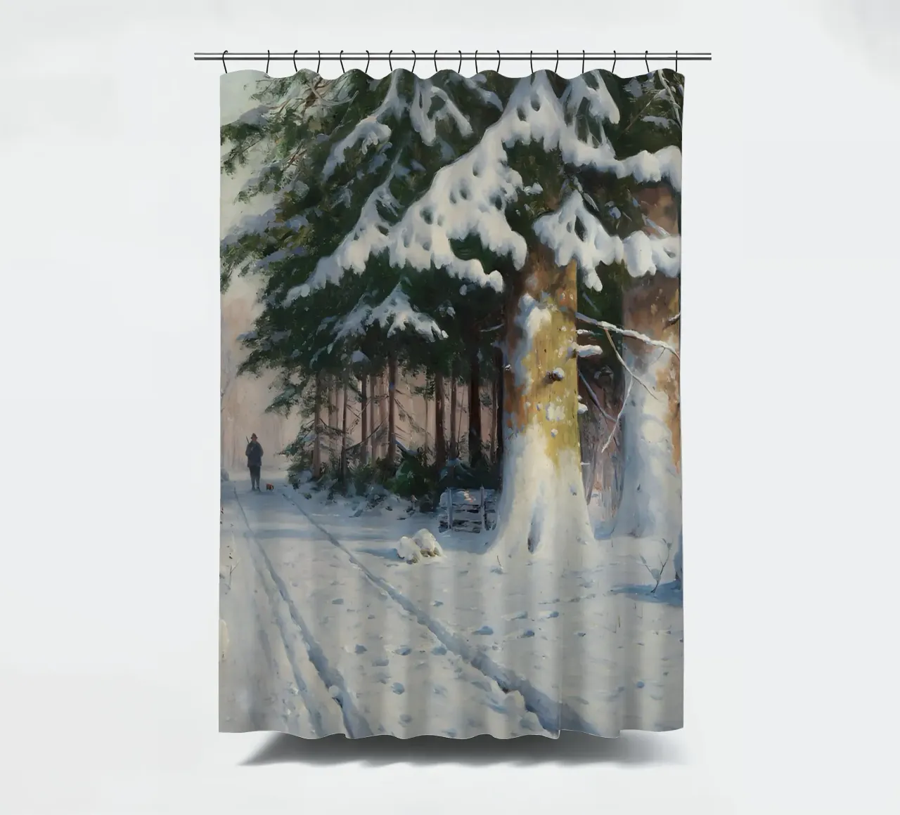Il cacciatore di foreste invernali di Walter Mora - Arte dei pini innevati tenda da doccia da ClubArt