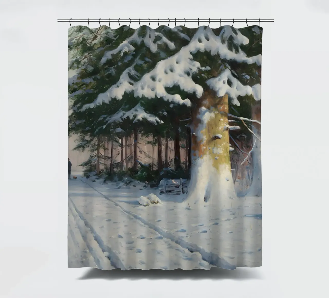Il cacciatore di foreste invernali di Walter Mora - Arte dei pini innevati tenda da doccia da ClubArt
