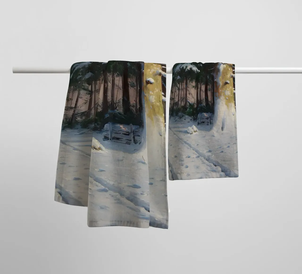 Il cacciatore di foreste invernali di Walter Mora - Arte dei pini innevati asciugamano da bagno da ClubArt