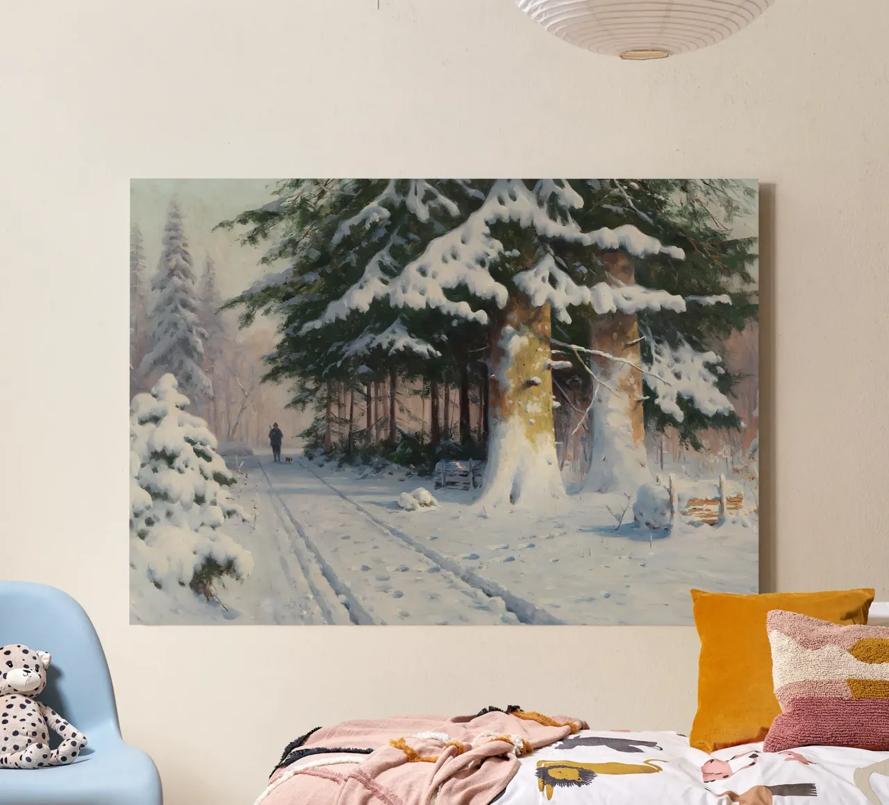 Il cacciatore di foreste invernali di Walter Mora - Arte dei pini innevati tela con Cornice a cassetta da ClubArt