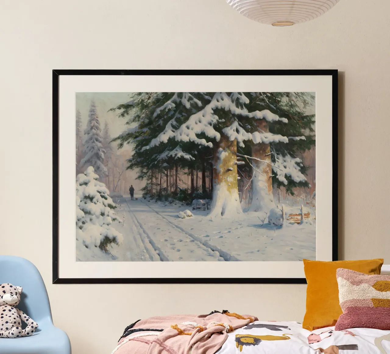 Il cacciatore di foreste invernali di Walter Mora - Arte dei pini innevati poster da ClubArt