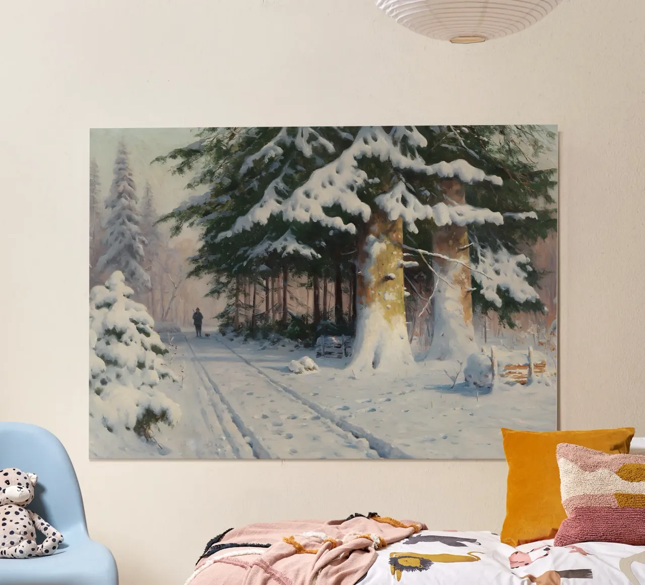 Il cacciatore di foreste invernali di Walter Mora - Arte dei pini innevati poster da ClubArt