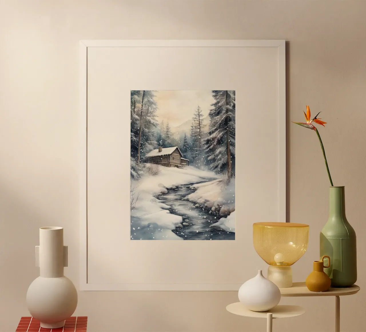 Impression d'art sur le paysage d'une cabane d'hiver douillette - Scène enneigée poster de ClubArt