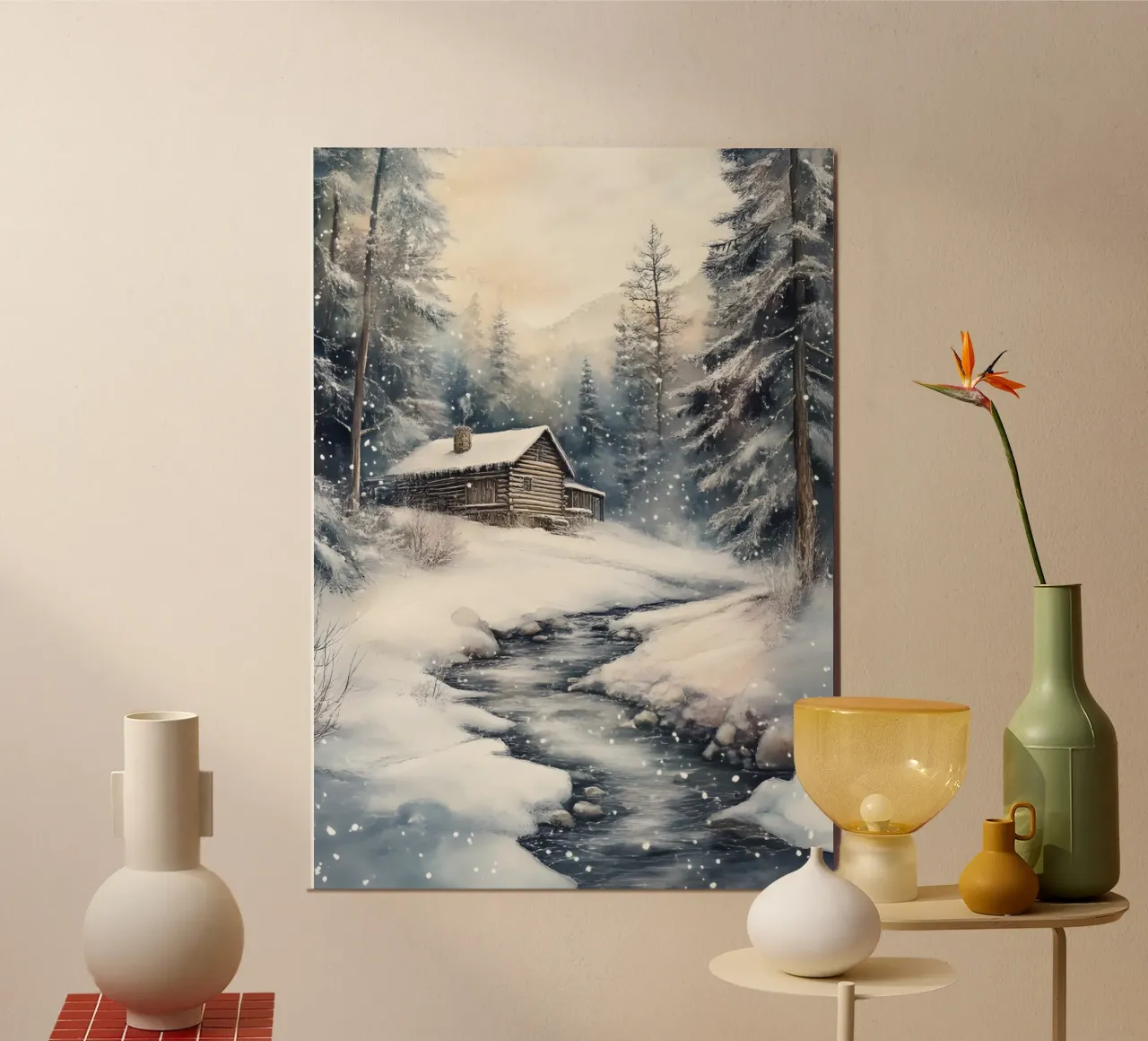 Impression d'art sur le paysage d'une cabane d'hiver douillette - Scène enneigée poster de ClubArt
