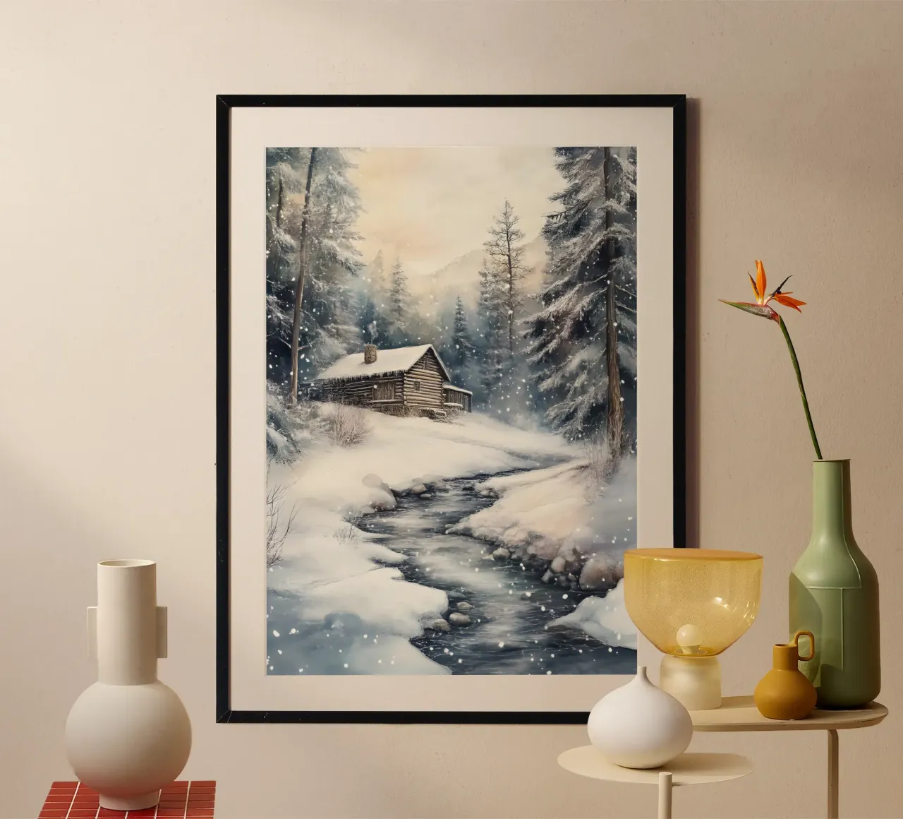 Impression d'art sur le paysage d'une cabane d'hiver douillette - Scène enneigée poster de ClubArt