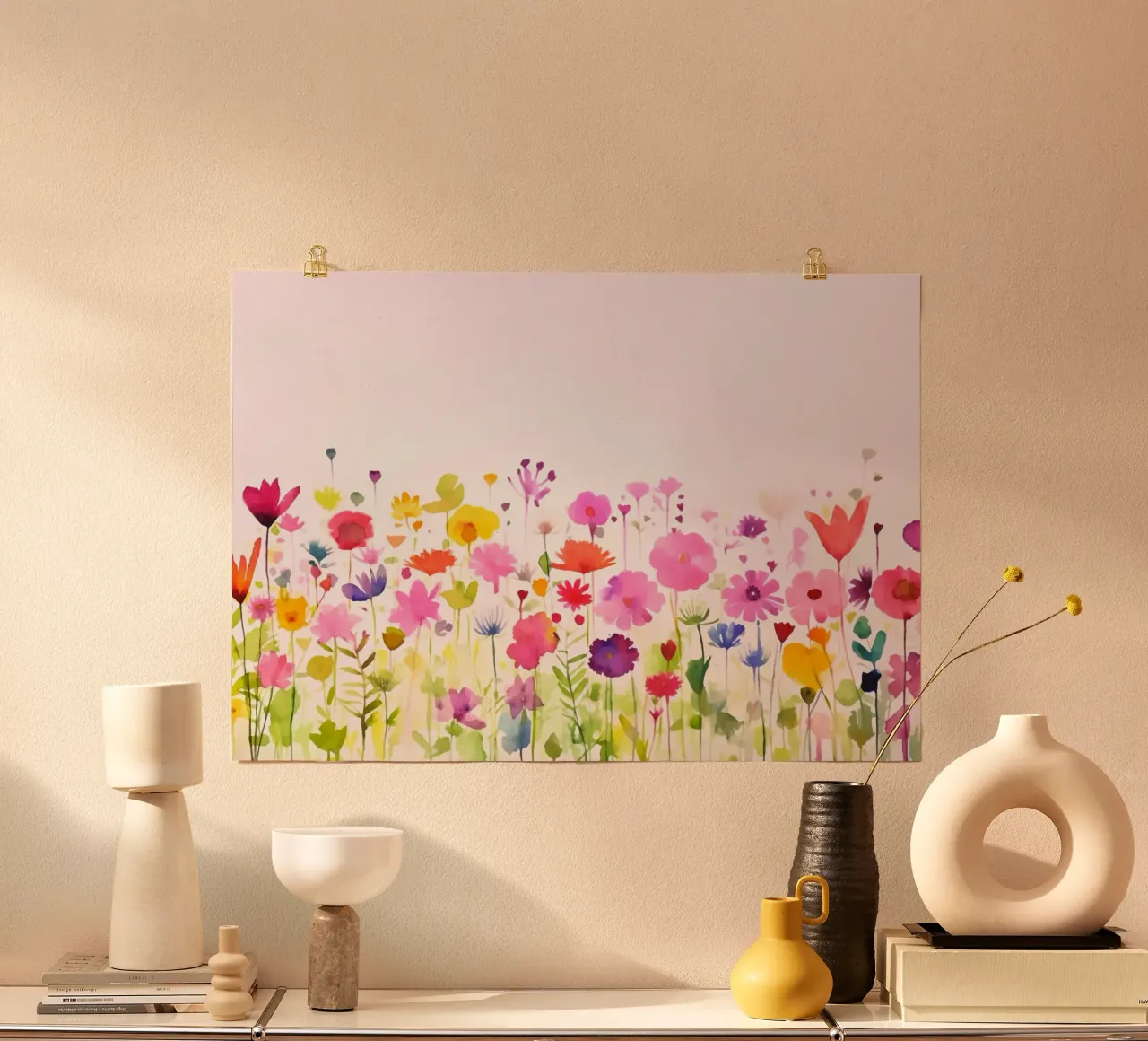 Acquerello sui fiori selvatici del prato di primavera poster con telaio in legno da Andrea Haase Modern Home