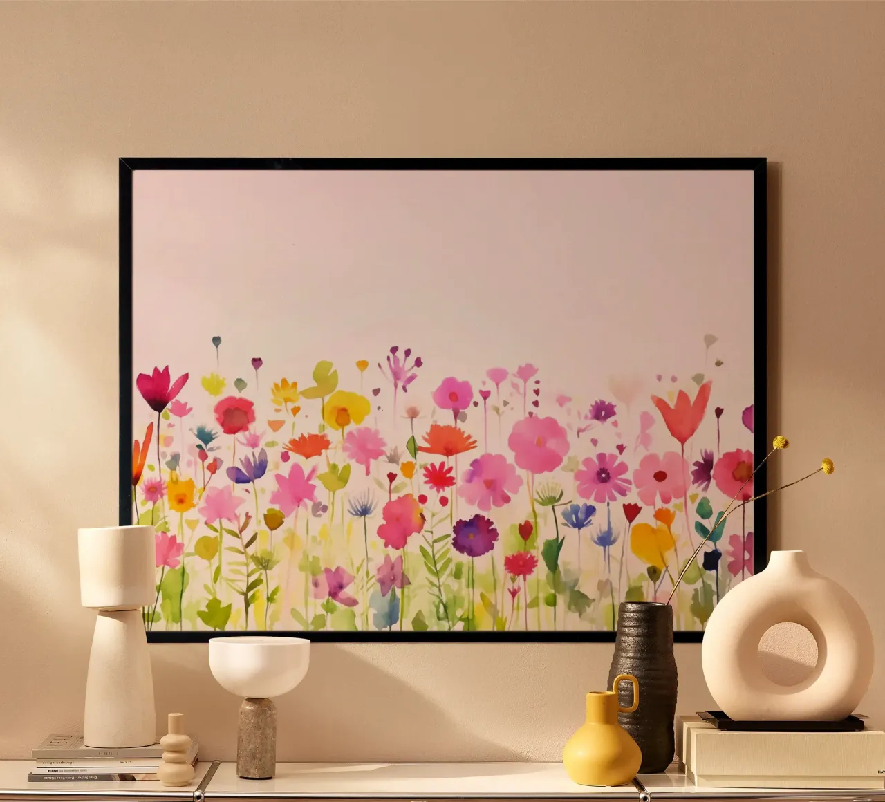 Acquerello sui fiori selvatici del prato di primavera poster con telaio in legno da Andrea Haase Modern Home