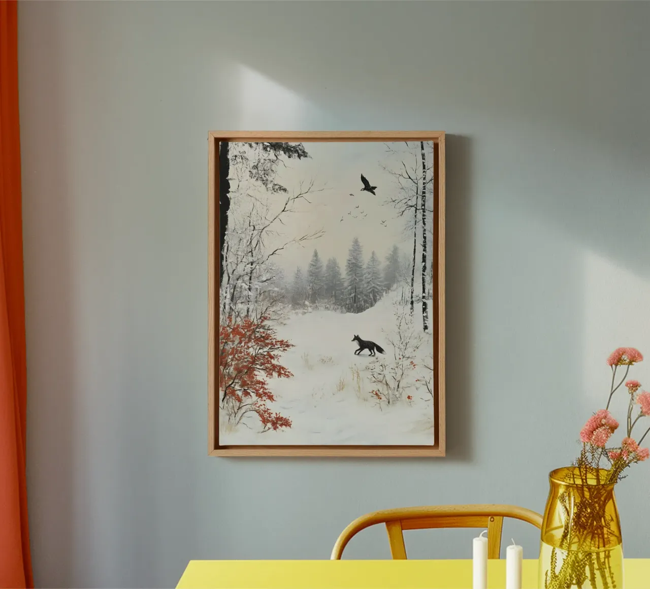Impression d'art d'un paysage de forêt de renards en hiver - faune et flore enneigées toile avec Caisse américaine de ClubArt