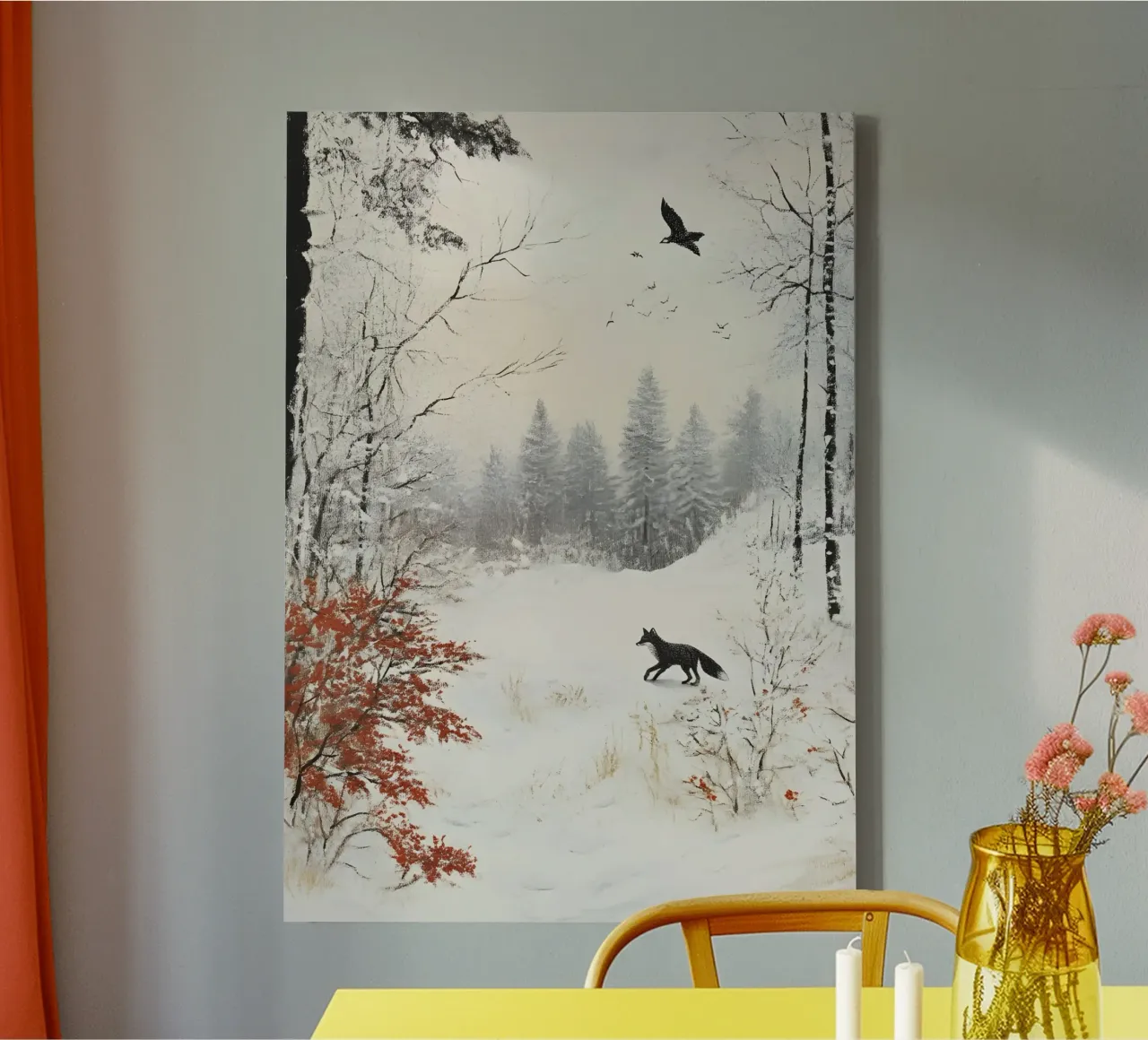 Impression d'art d'un paysage de forêt de renards en hiver - faune et flore enneigées toile avec Caisse américaine de ClubArt