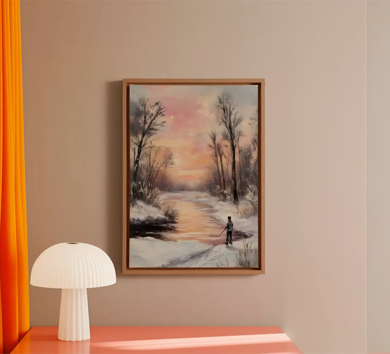 Winter Zonsondergang IJsvissen Kunstdruk - Rustige Rivier Scène canvas met Baklijst van ClubArt