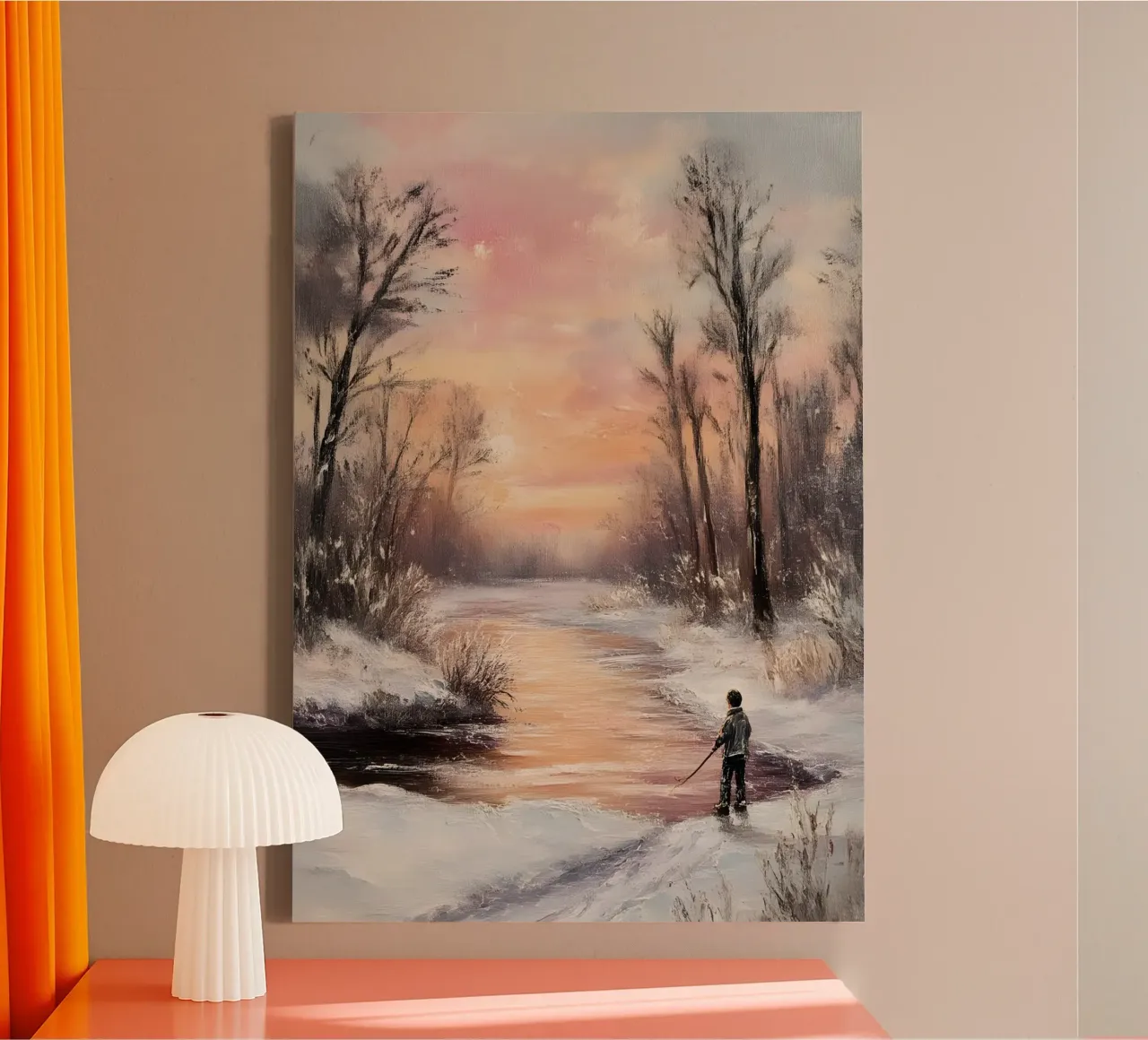 Winter Zonsondergang IJsvissen Kunstdruk - Rustige Rivier Scène canvas met Baklijst van ClubArt