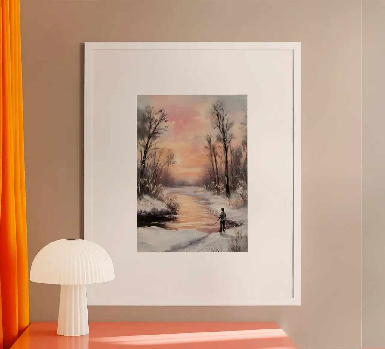 Winter Zonsondergang IJsvissen Kunstdruk - Rustige Rivier Scène poster van ClubArt