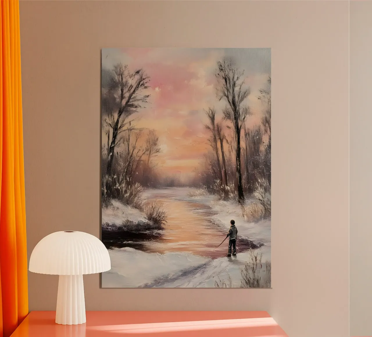 Winter Zonsondergang IJsvissen Kunstdruk - Rustige Rivier Scène poster van ClubArt