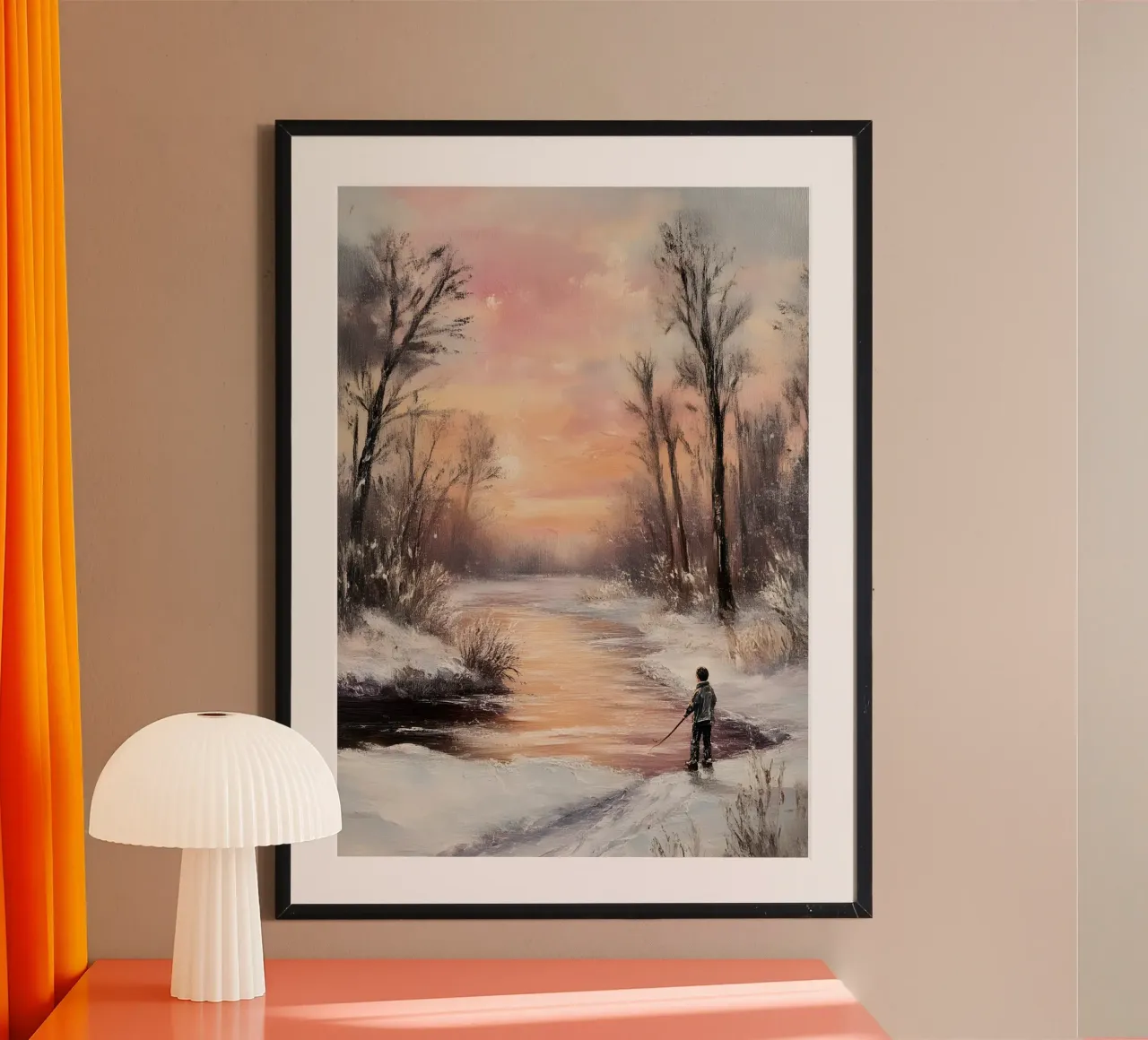 Winter Zonsondergang IJsvissen Kunstdruk - Rustige Rivier Scène poster van ClubArt