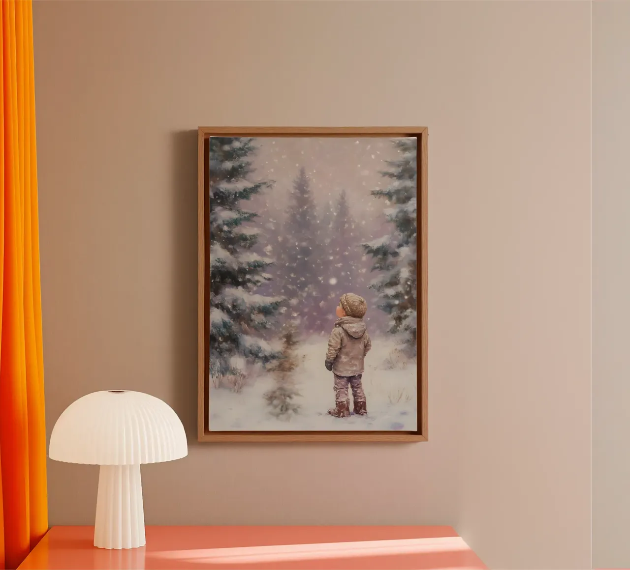 Child in Snowy Forest Art Print - Winter Wonderland Kids canvas with Floater frame by ClubArt